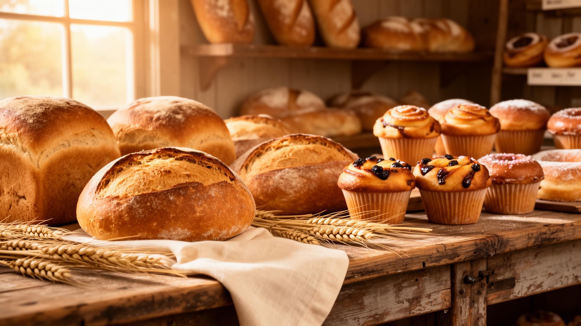 Fresh bread and muffins on a wooden bakery counter